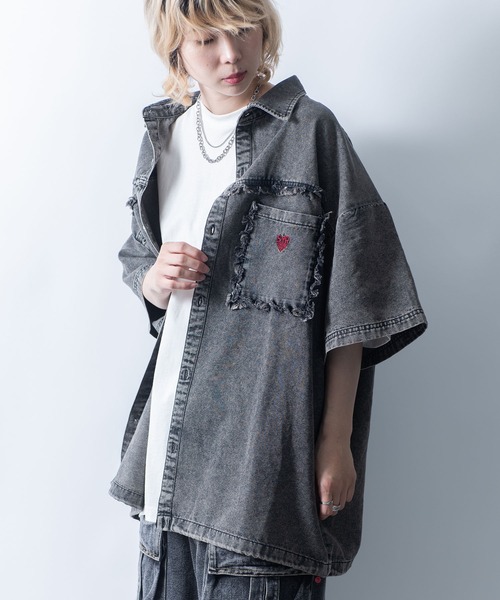 Starting Over（スターティングオーバー）の「Fringe denim one point shirt/フリンジデニム ワンポイント刺繍 ドローコード 半袖シャツ（シャツ/ブラウス・メンズ・ブラック/ブルー・L/M）」の18枚目の写真