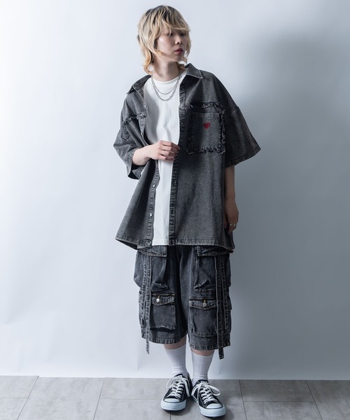 Starting Over（スターティングオーバー）の「Fringe denim one point shirt/フリンジデニム ワンポイント刺繍 ドローコード 半袖シャツ（シャツ/ブラウス・メンズ・ブラック/ブルー・L/M）」の20枚目の写真