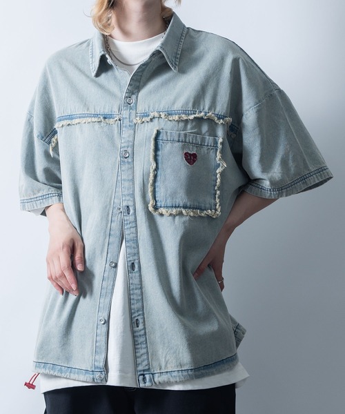 Starting Over（スターティングオーバー）の「Fringe denim one point shirt/フリンジデニム ワンポイント刺繍 ドローコード 半袖シャツ（シャツ/ブラウス・メンズ・ブラック/ブルー・L/M）」の21枚目の写真