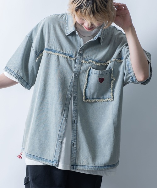 Starting Over（スターティングオーバー）の「Fringe denim one point shirt/フリンジデニム ワンポイント刺繍 ドローコード 半袖シャツ（シャツ/ブラウス・メンズ・ブラック/ブルー・L/M）」の22枚目の写真