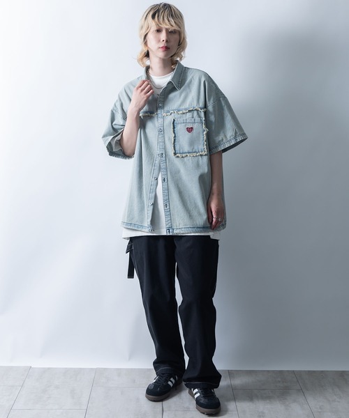 Starting Over（スターティングオーバー）の「Fringe denim one point shirt/フリンジデニム ワンポイント刺繍 ドローコード 半袖シャツ（シャツ/ブラウス・メンズ・ブラック/ブルー・L/M）」の7枚目の写真