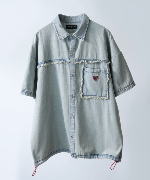 Starting Over（スターティングオーバー）の「Fringe denim one point shirt/フリンジデニム ワンポイント刺繍 ドローコード 半袖シャツ（シャツ/ブラウス・メンズ・ブラック/ブルー・L/M）」の5枚目の写真