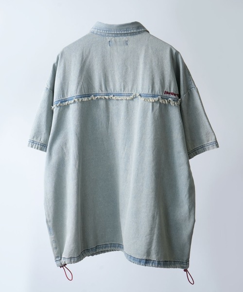 Starting Over（スターティングオーバー）の「Fringe denim one point shirt/フリンジデニム ワンポイント刺繍 ドローコード 半袖シャツ（シャツ/ブラウス・メンズ・ブラック/ブルー・L/M）」の4枚目の写真