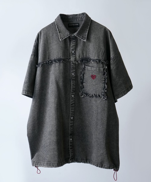 Starting Over（スターティングオーバー）の「Fringe denim one point shirt/フリンジデニム ワンポイント刺繍 ドローコード 半袖シャツ（シャツ/ブラウス・メンズ・ブラック/ブルー・L/M）」の6枚目の写真