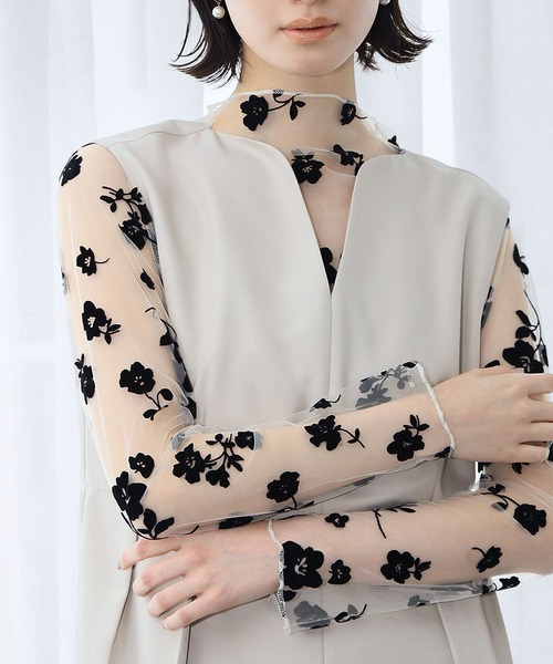 LOWO（ロワ）の「シースルートップス 長袖 ハイネック チュール メロウ メロー 花柄 シアートップス レイヤードトップス 結婚式 パーティー オケージョン お呼ばれ（シャツ/ブラウス・レディース・ブラック/アイボリー・FREE）」の9枚目の写真