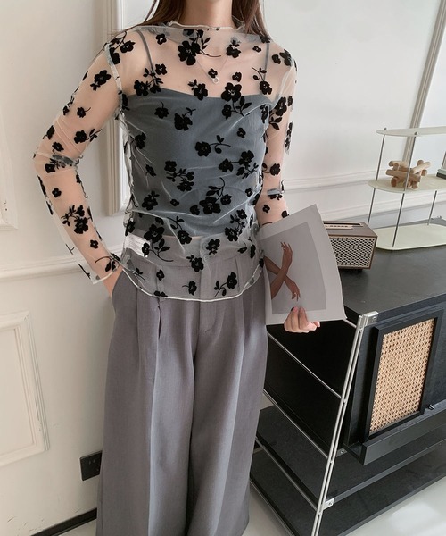 【値下げ】AMERI アメリ シアートップス シースルー 花柄 薔薇 ローズ 大幅値下げ】AMERI アメリ シアートップス シースルー 花柄 薔薇