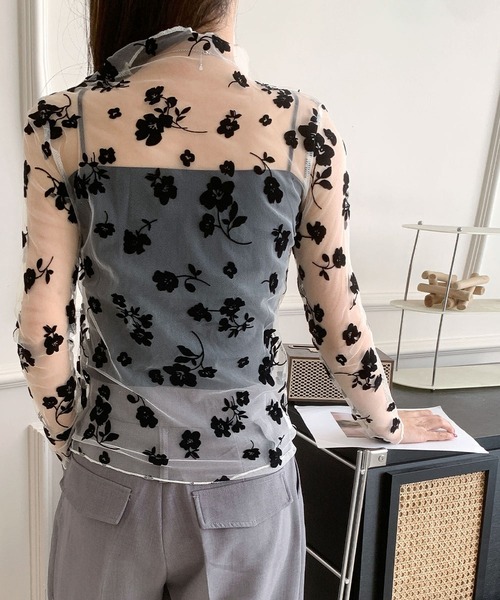 シースルートップス 長袖 ハイネック チュール メロウ メロー 花柄