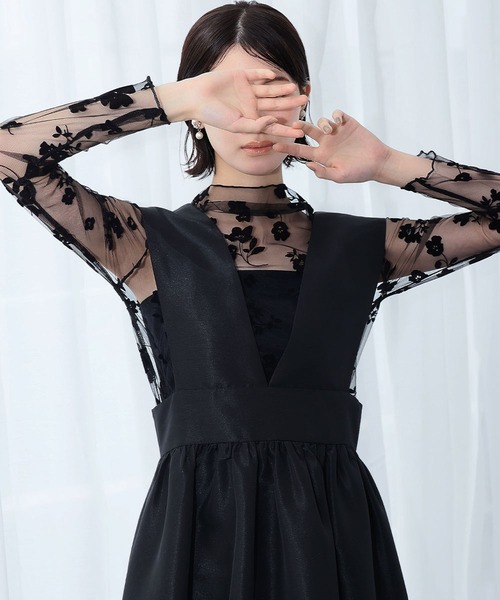 LOWO（ロワ）の「シースルートップス 長袖 ハイネック チュール メロウ メロー 花柄 シアートップス レイヤードトップス 結婚式 パーティー オケージョン お呼ばれ（シャツ/ブラウス・レディース・ブラック/アイボリー・FREE）」の15枚目の写真