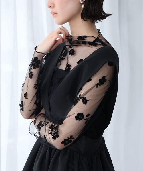 シースルートップス 長袖 ハイネック チュール メロウ メロー 花柄