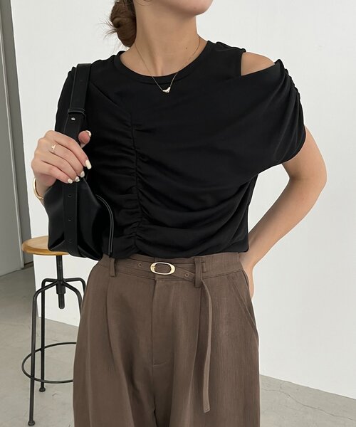 新品 CAPRICIEUX LE'MAGE ギャザーフレンチTシャツ ブラック CAPRICIEUX LE'MAGE｜【待望の再入荷!】ギャザーフレンチTシャツ