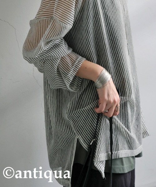 antiqua(アンティカ)の「ストライプシアートップス(Tシャツ/カットソー・レディース・ホワイト/ブラウン・ONESIZE)」の7枚目の写真