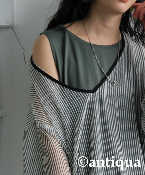 antiqua(アンティカ)の「ストライプシアートップス(Tシャツ/カットソー・レディース・ホワイト/ブラウン・ONESIZE)」の9枚目の写真