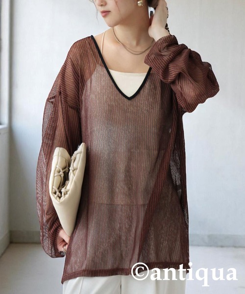 antiqua(アンティカ)の「ストライプシアートップス(Tシャツ/カットソー・レディース・ホワイト/ブラウン・ONESIZE)」の15枚目の写真