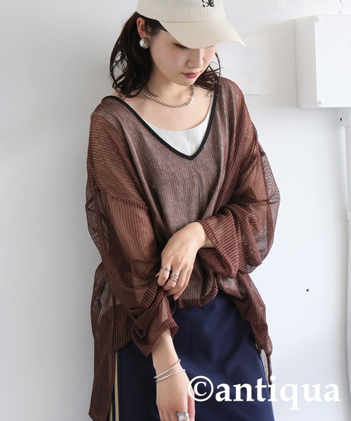 antiqua(アンティカ)の「ストライプシアートップス(Tシャツ/カットソー・レディース・ホワイト/ブラウン・ONESIZE)」の10枚目の写真