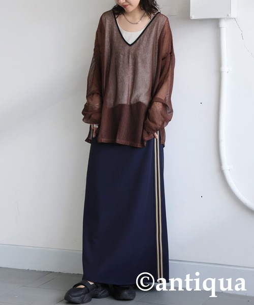 antiqua(アンティカ)の「ストライプシアートップス(Tシャツ/カットソー・レディース・ホワイト/ブラウン・ONESIZE)」の11枚目の写真
