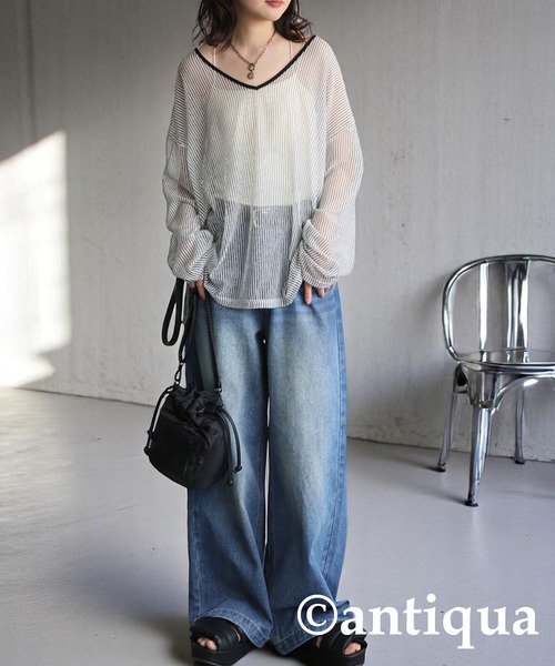 antiqua - antiqua⭐ストライプ前後差トップス ストライプシアートップス（Tシャツ/カットソー）｜antiqua