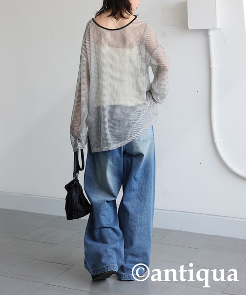 antiqua(アンティカ)の「ストライプシアートップス(Tシャツ/カットソー・レディース・ホワイト/ブラウン・ONESIZE)」の5枚目の写真
