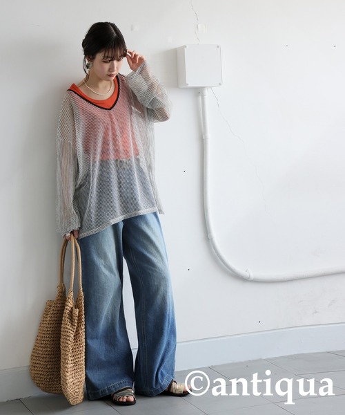 antiqua(アンティカ)の「ストライプシアートップス(Tシャツ/カットソー・レディース・ホワイト/ブラウン・ONESIZE)」の6枚目の写真
