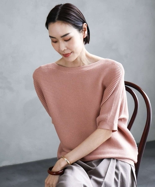 MICHEL KLEIN（ミッシェル・クラン）の「[新色追加]ホールガーメント(R)ドルマンスリーブニット(半袖）（ニット/セーター・レディース・ブラック/ホワイト/ブルー/ライラック/ライトベージュ/スカイブルー/サンドベージュ・38）」の16枚目の写真