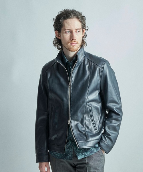 スタンドカラーシングルライダース ラムレザージャケット（ライダース