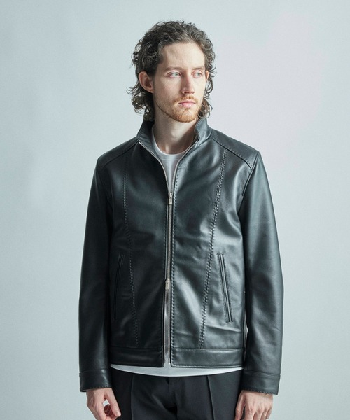 スタンドカラーシングルライダース ラムレザージャケット（ライダース