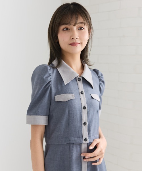  ::ワンピース:2[RESALE] パイピングラインシャツ柄ワンピースドレス