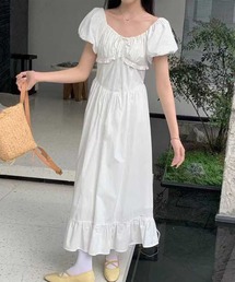 リボン付き パフスリーブ ギャザー ティアード ロング ワンピース