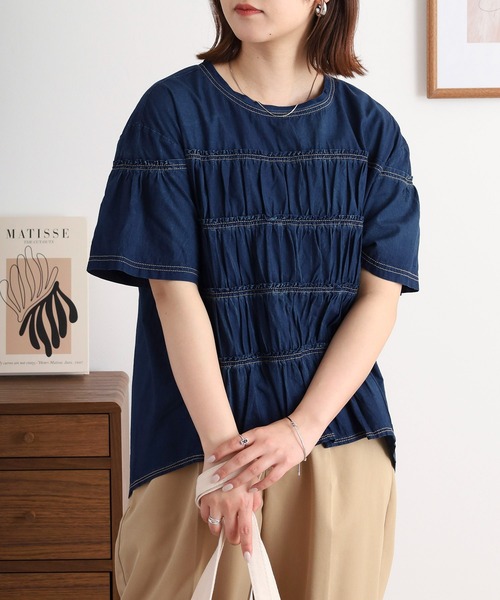 EGLANTINE(エグランティーヌ)の「EGLANTINE セットアップ対応 ダンガリーティアード半袖ブラウス(シャツ/ブラウス・レディース・ブルー/ネイビー・40)」の12枚目の写真
