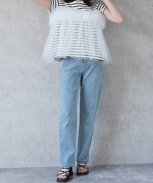 SELECT LEVERY(セレクトリベリー)の「サイドスリットリサイクルデニムストレートパンツ(デニムパンツ・レディース・ブラック/ブルー/ネイビー/ライトブルー・SMALL/MEDIUM/LARGE/X-LARGE)」の4枚目の写真