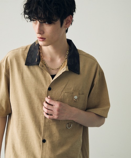 Shoowtime(ショウタイム)の「Big silhouette camo collar design short sleeve shirt / ビッグシルエットカモカラーデザイン半袖シャツ(シャツ/ブラウス・メンズ・ブラック/ベージュ・LARGE/X-LARGE/MEDIUM)」の1枚目の写真