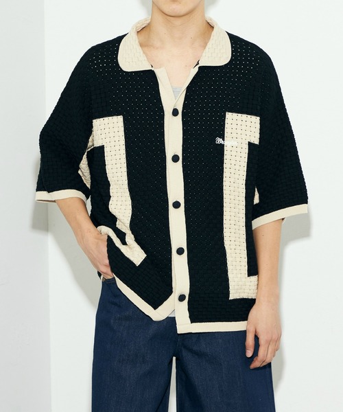 Lee(リー)の「Wrangler/ラングラー 配色ニットシャツ/切り替えニットトップス/ニット半袖トップス/半袖ニット/サマーニット(シャツ/ブラウス・メンズ・アイボリー/ブラック・LARGE)」の2枚目の写真