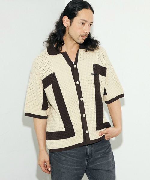 Lee(リー)の「Wrangler/ラングラー 配色ニットシャツ/切り替えニットトップス/ニット半袖トップス/半袖ニット/サマーニット(シャツ/ブラウス・メンズ・アイボリー/ブラック・LARGE)」の5枚目の写真