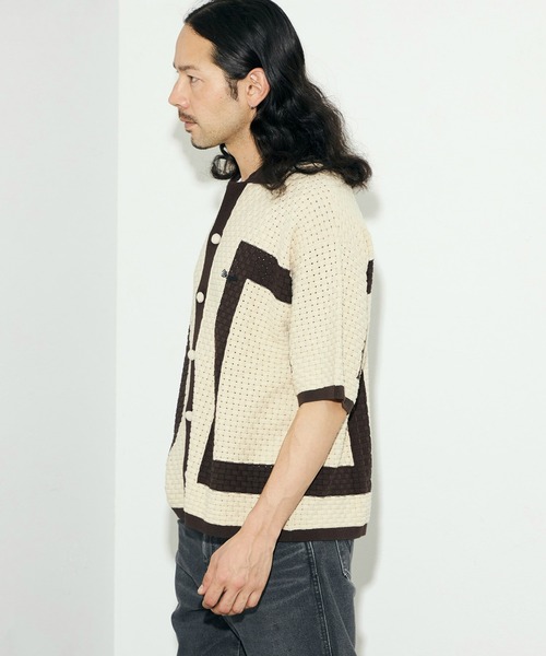 Lee(リー)の「Wrangler/ラングラー 配色ニットシャツ/切り替えニットトップス/ニット半袖トップス/半袖ニット/サマーニット(シャツ/ブラウス・メンズ・アイボリー/ブラック・LARGE)」の6枚目の写真