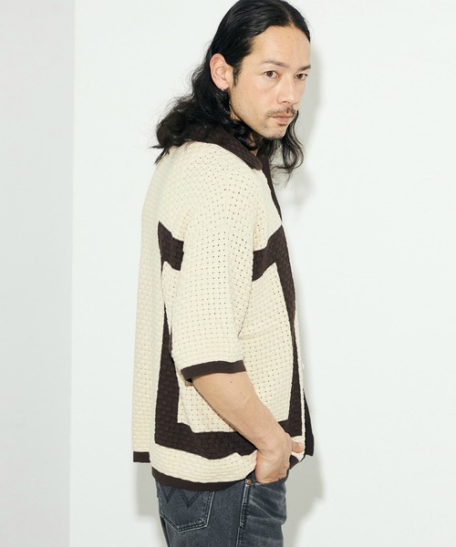 Lee(リー)の「Wrangler/ラングラー 配色ニットシャツ/切り替えニットトップス/ニット半袖トップス/半袖ニット/サマーニット(シャツ/ブラウス・メンズ・アイボリー/ブラック・LARGE)」の12枚目の写真
