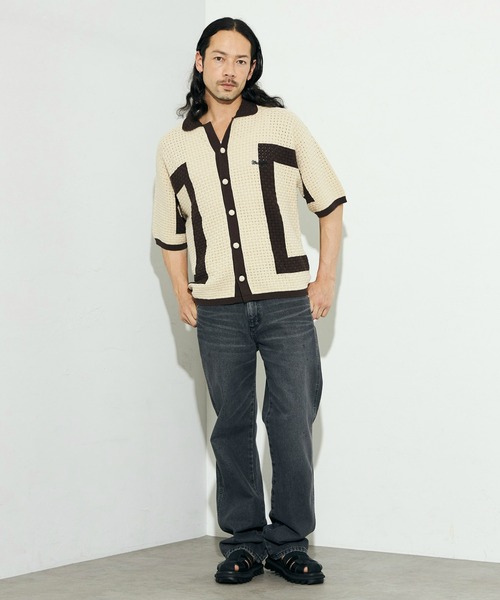 Lee(リー)の「Wrangler/ラングラー 配色ニットシャツ/切り替えニットトップス/ニット半袖トップス/半袖ニット/サマーニット(シャツ/ブラウス・メンズ・アイボリー/ブラック・LARGE)」の3枚目の写真