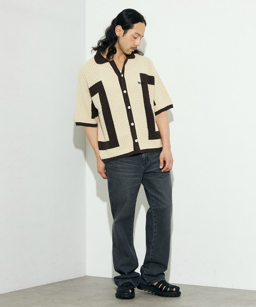 Lee(リー)の「Wrangler/ラングラー 配色ニットシャツ/切り替えニットトップス/ニット半袖トップス/半袖ニット/サマーニット(シャツ/ブラウス・メンズ・アイボリー/ブラック・LARGE)」の15枚目の写真