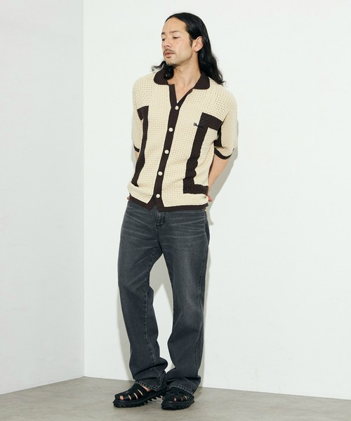 Lee(リー)の「Wrangler/ラングラー 配色ニットシャツ/切り替えニットトップス/ニット半袖トップス/半袖ニット/サマーニット(シャツ/ブラウス・メンズ・アイボリー/ブラック・LARGE)」の16枚目の写真