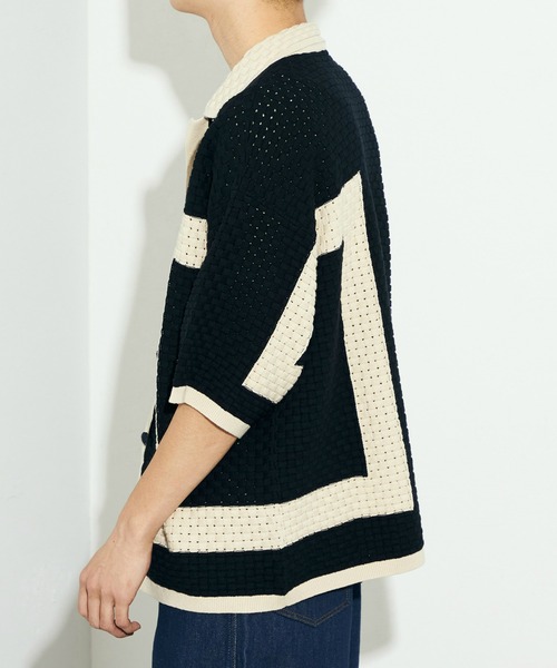 Lee(リー)の「Wrangler/ラングラー 配色ニットシャツ/切り替えニットトップス/ニット半袖トップス/半袖ニット/サマーニット(シャツ/ブラウス・メンズ・アイボリー/ブラック・LARGE)」の7枚目の写真