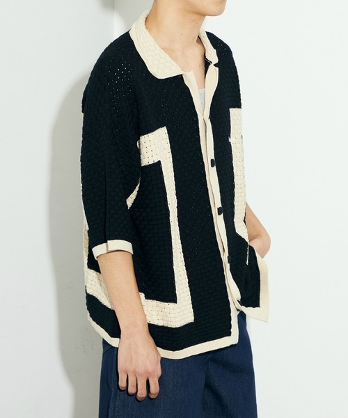 Lee(リー)の「Wrangler/ラングラー 配色ニットシャツ/切り替えニットトップス/ニット半袖トップス/半袖ニット/サマーニット(シャツ/ブラウス・メンズ・アイボリー/ブラック・LARGE)」の8枚目の写真