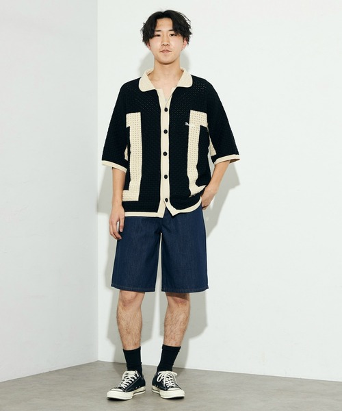 Lee(リー)の「Wrangler/ラングラー 配色ニットシャツ/切り替えニットトップス/ニット半袖トップス/半袖ニット/サマーニット(シャツ/ブラウス・メンズ・アイボリー/ブラック・LARGE)」の4枚目の写真