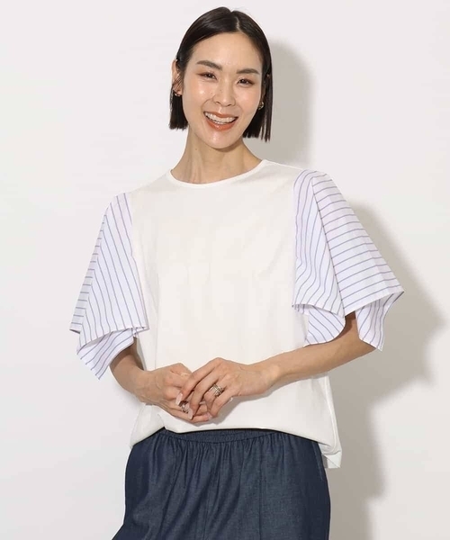 セール】[接触冷感]異素材スリーブカットソー（Tシャツ
