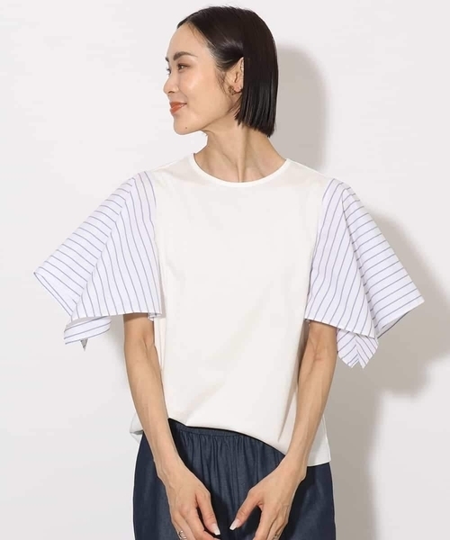 MICHEL KLEIN（ミッシェル・クラン）の「[接触冷感]異素材スリーブカットソー（Tシャツ/カットソー・レディース・ダークインディゴブルー/ホワイト/ブラック・38）」の4枚目の写真