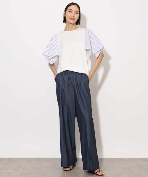 MICHEL KLEIN（ミッシェル・クラン）の「[接触冷感]異素材スリーブカットソー（Tシャツ/カットソー・レディース・ダークインディゴブルー/ホワイト/ブラック・38）」の6枚目の写真