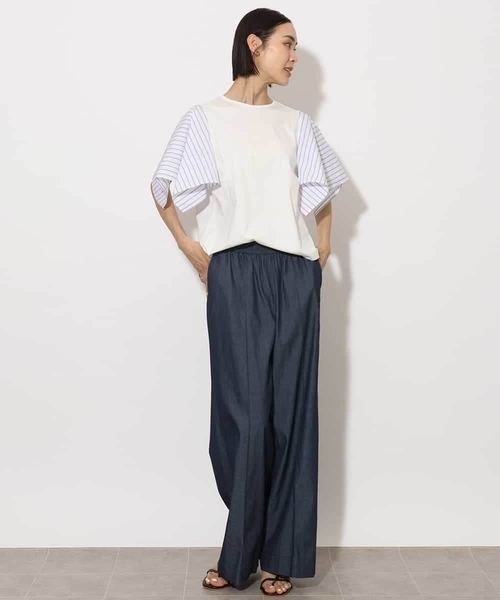 MICHEL KLEIN（ミッシェル・クラン）の「[接触冷感]異素材スリーブカットソー（Tシャツ/カットソー・レディース・ダークインディゴブルー/ホワイト/ブラック・38）」の8枚目の写真