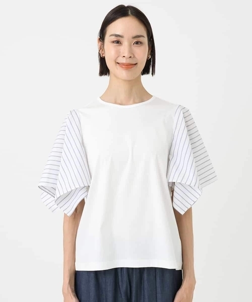 MICHEL KLEIN（ミッシェル・クラン）の「[接触冷感]異素材スリーブカットソー（Tシャツ/カットソー・レディース・ダークインディゴブルー/ホワイト/ブラック・38）」の21枚目の写真