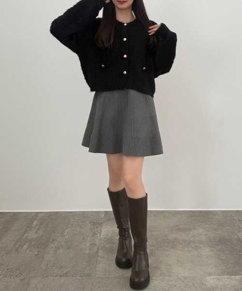 セール】(薄手)金ボタンシャギーニットカーディガン＋プリーツスカート