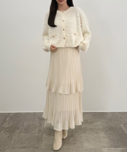 セール】(薄手)金ボタンシャギーニットカーディガン＋プリーツスカート