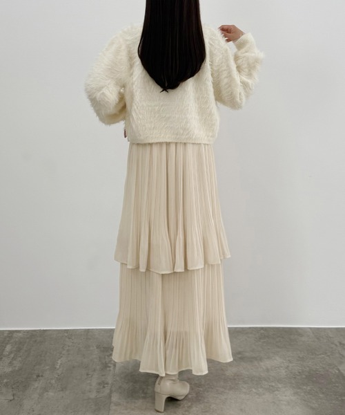 セール】(薄手)金ボタンシャギーニットカーディガン＋プリーツスカート