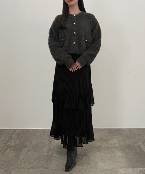 セール】(薄手)金ボタンシャギーニットカーディガン＋プリーツ
