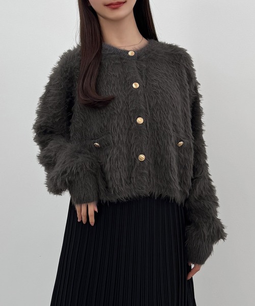 セール】(薄手)金ボタンシャギーニットカーディガン＋プリーツスカート